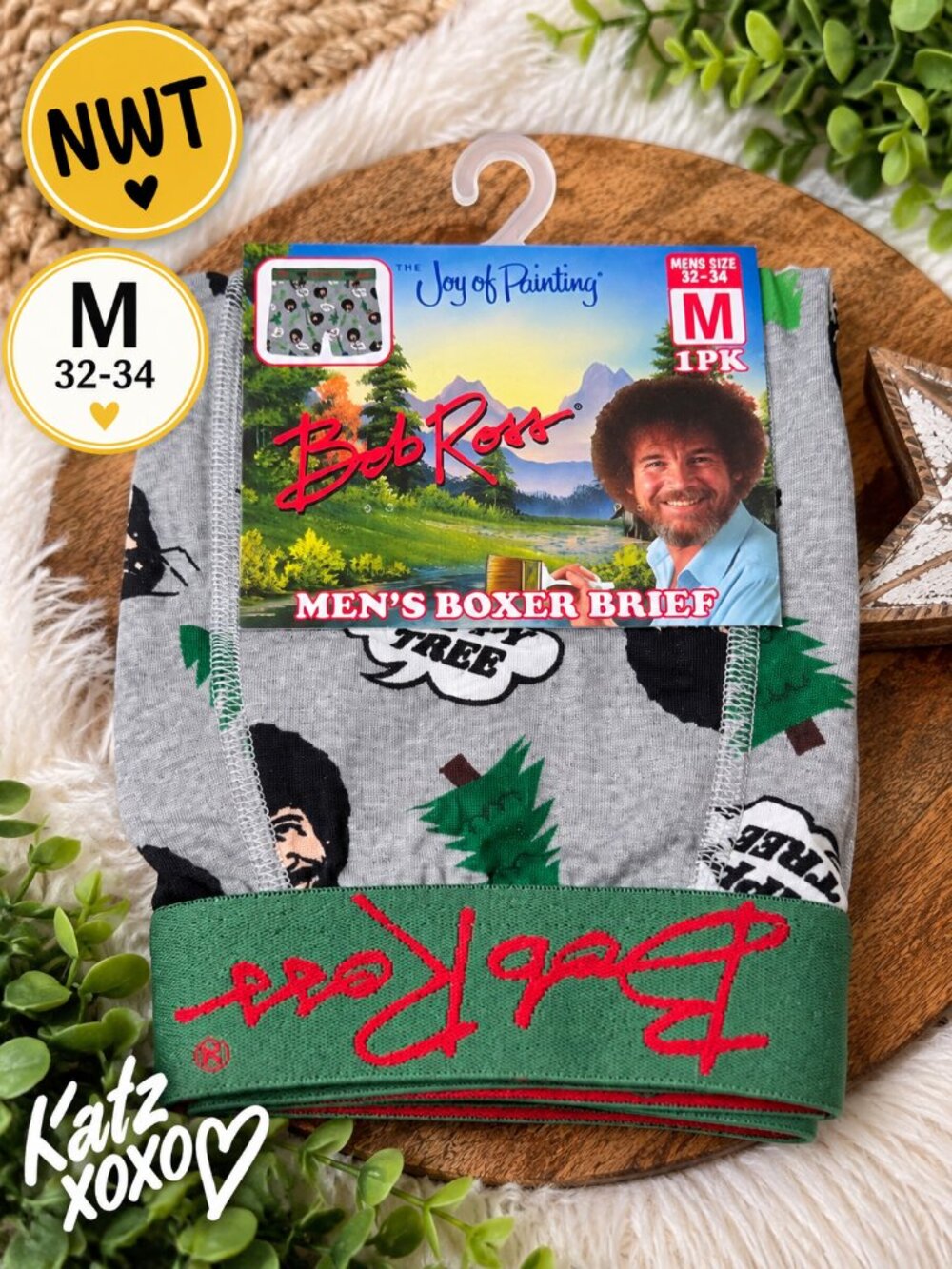 Bob Ross Happy Little Trees Men's Boxer Briefs M 32-34 Gray Green NWT Novelty